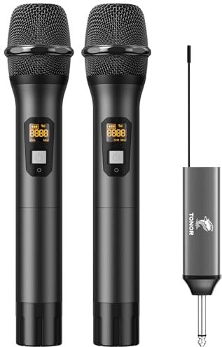 TONOR Microfono Senza Fili, UHF Sistema Microfonico Dinamico a Doppio Cordless in Metallo con Ricevitore Ricaricabile, Set di Microfoni Wireless per Canto Karaoke, DJ, 60m (TW630), Nero