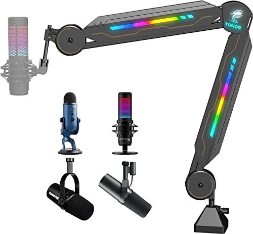 TONOR Braccio per Microfono RGB, Asta per Microfono Regolabile con Luce RGB per Hyperx Quadcast/Blue Yeti/Shure SM7/Rode NT1, Supporto Pieghevole Girevole per Gaming, Streaming, Podcasting,