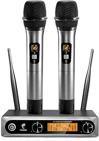 TONOR Microfono wireless UHF professionale dinamico doppio microfono senza fili, sistema di microfono a mano, set per karaoke, feste, DJ, chiesa, matrimonio, riunione, lezione, 60 metri