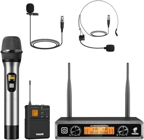 TONOR Sistema Microfono Wireless con Microfono palmare/Microfono archetto/Lavalier Microphone, Trasmettitore Bodypack, Ricevitore Metallici, 2x15 frequenze UHF, Distanza 60M per Chiesa Karaoke Canto