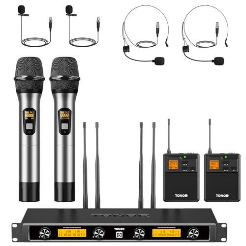 TONOR Sistema microfonico wireless UHF a 4 canali, Microfono palmare/Microfono archetto/Lavalier Microphone, Trasmettitore Bodypack, Ricevitore Metallo 4x5 frequenze, 90M per Chiesa Karaoke Canto