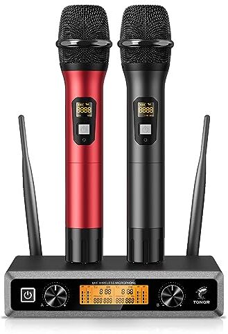 TONOR Microfono wireless UHF professionale dinamico doppio microfono senza fili, sistema di microfono a mano, set per karaoke, feste, DJ, chiesa, matrimonio, riunione, 60 metri, TW820, Nero e Rosso