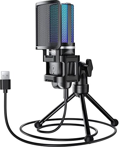 TONOR RGB Microfono a Condensatore per PC, USB per Streaming e Gioco, Cardioide Mic per Podcasting, Youtube, Set di Microfoni con Pulsante di Silenziamento, 3.5mm Jack, Treppiede,