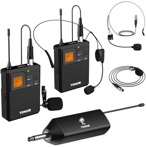 TONOR Microfono Wireless doppio UHF con Microfono archetto/Lavalier Microphone e Trasmettitore Bodypack e Mini Ricevitore Ricaricabile 1/4" Uscita, Distanza 60M Segnale stabile per Prestazioni Live