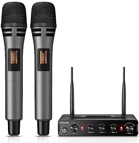 TONOR Microfono Senza Fili, Set di Microfoni a Mano per Karaoke, UHF Sistema con Ricevitore, Set di Microfoni Wireless per Karaoke Domestico, Feste, Chiese, DJ, Matrimoni, Discorsi , Grigio