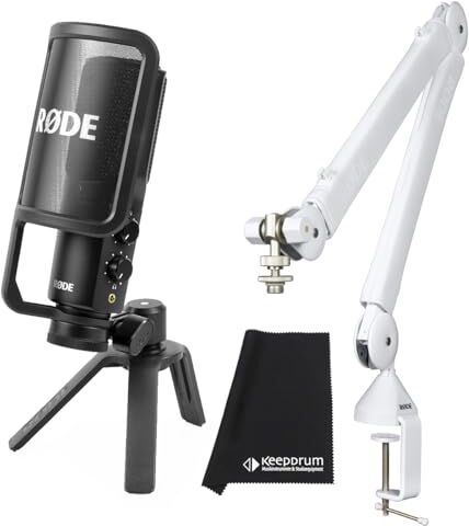 RØDE Rode NT-USB+ Plus microfono a condensatore USB + PSA1+ Plus braccio snodato bianco + panno in microfibra Keepdrum