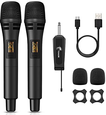 TONOR Microfono Senza Fili, UHF Sistema Wireless Microfonico Dinamico Portatile in Metallo Cordless con Ricevitore Ricaricabile, Uscita 1/4" per Amplificatore, Sistema PA, Macchina da Karaoke, Ner