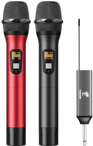 TONOR Microfono Senza Fili, UHF Sistema Microfonico Dinamico a Doppio Cordless in Metallo con Ricevitore Ricaricabile, Set di Microfoni Wireless per Canto Karaoke, DJ, 60m (TW630), Nero e Rosso