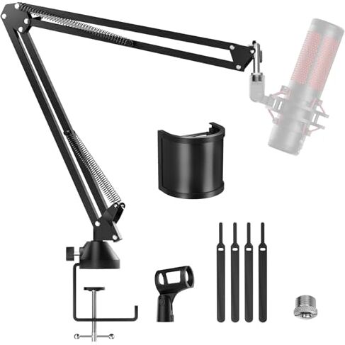 TONOR Braccio del Microfono , Supporto Suspension à Ciseaux Réglable avec Filtro Pop Extra-large per HyperX Quadcast Blue Yeti Shure SM7B Rode Razer, Elgato, Versione Estesa, Lunghezza Extra, T10L