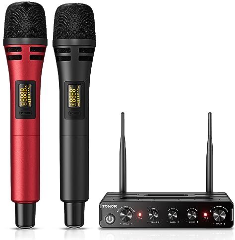 TONOR Microfono Senza Fili, Set di Microfoni a Mano per Karaoke, UHF Sistema con Ricevitore, Set di Microfoni Wireless per Karaoke Domestico, Feste, Chiese, DJ, Matrimoni, Discorsi TW350, Nero&Rosso