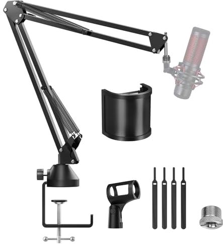 TONOR Braccio del Microfono , Supporto Suspension à Ciseaux Réglable avec Filtro Pop Extra-large per HyperX Quadcast Blue Yeti Shure SM7B Rode Razer Seiren Mini Solocast Elgato per Registrazione T10