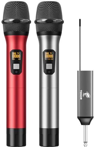 TONOR Microfono Senza Fili UHF Sistema Microfonico Dinamico a Doppio Cordless in Metallo con Ricevitore Ricaricabile, Set di Microfoni Wireless per Canto Karaoke, DJ, Festa, 60m () Grigio e Rosso