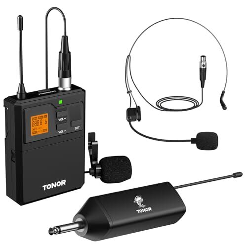 TONOR Microfono Wireless UHF con Microfono archetto/Lavalier Microphone Lapel Mic e Trasmettitore Bodypack e Mini Ricevitore Ricaricabile 1/4" Uscita, Distanza 60M Segnale stabile per Prestazioni Live