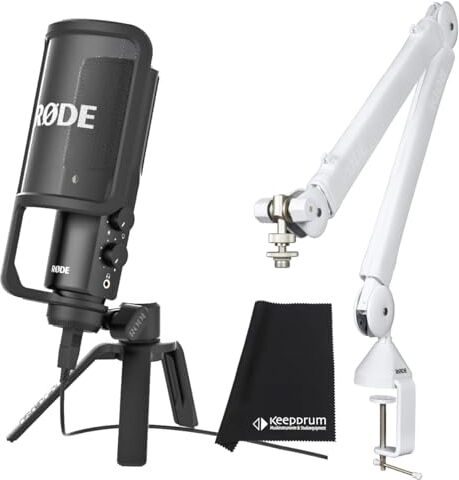 RØDE Rode NT-USB Microfono a condensatore + PSA1+ Plus Gelenlarm Treppiede Bianco + panno in microfibra Keepdrum