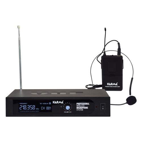 Karma Radiomicrofono VHF con regolatore di volume e presa in uscita sia bilanciata che sbilanciata. Il display mostra la frequenza operativa. Ampio raggio d’azione. In dotazione è fornito il trasformatore n