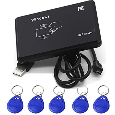 Amao Lettore RFID, Lettore Scheda ID Carta RFID Card Reader USB 125KHz Configurabile EM di Prossimità Intelligente 5pcs EM4100 ID Portachiavi Amao Lettore RFID, Lettore Scheda ID Carta RFID Card Reader USB 125KHz Configurabile EM di Prossimità Intelligente 5pcs EM4100 ID Portachiavi