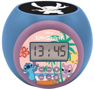 Lexibook , Disney Stitch, proiettore con Funzione Snooze e Sveglia, Luce Notturna con Timer, Schermo LCD, Funzionamento a Batteria, Colore Blu, Taglia Unica,