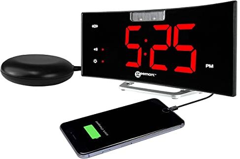 Geemarc Sveglia con Squillo Forte da 95dB, Cuscino Vibrante, Ampio Schermo e Flash Luminoso Wake 'N' Shake Curve di  vi Sveglierà da un Sonno Profondo Porta di Ricarica USB Versione IT