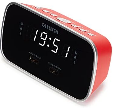 Aiwa CRU-19RD Radiosveglia con Porte ricarica USB, Tuner PLL FM 10 stazioni, Doppio Allarme, Compatibile con Vari Formati Musicali, Aux IN, Alimentazione con Sdapter, Display, Colore Rosso