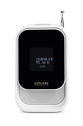 Explore Scientific Radiosveglia speaker con funzione DAB+, Bluetooth, presa USB, batteria ricaricabile, bianca