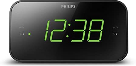 Philips Sveglia con Radio e Display da Letto, Radio Digitale con Doppio Allarme, Sleep Timer e Funzione Snooze, Portatile con Batteria di Backup, Nero con Ampio Display, Nuova Versione