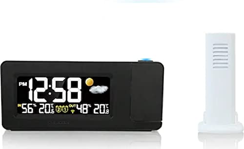 Majestic WT 249 – Sveglia e stazione barometrica con sensore esterno wireless, proiezione dell’ora a parete, display con ora, icone meteo, temperatura e umidità, nero