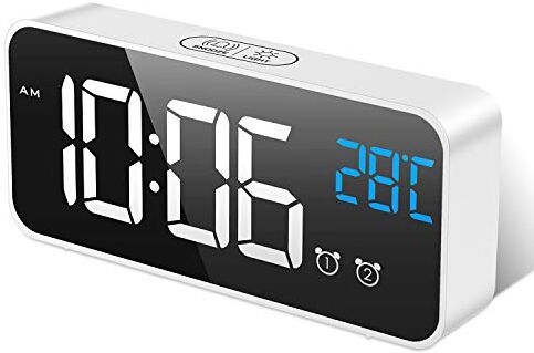 MOSUO Sveglia Digitale, Sveglia da Comodino con Temperatura e LED Grande Schermo, Orologio a Specchio con 2 Allarme, Snooze, Suoni e Luminosità Regolabile, Controllo Vocale, USB Ricaricare, Bianca