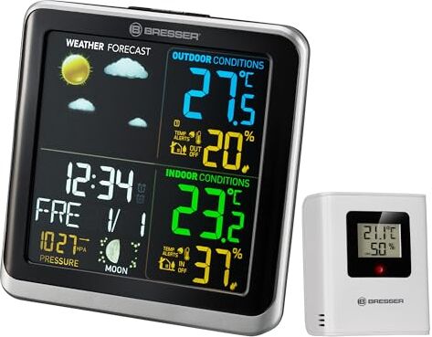 BRESSER ClimaTemp TB  Stazione meteo wireless con sensore da esterno, stazione meteo con display a cristalli liquidi a cristalli liquidi LCD a colori e due sveglie, nero grigio