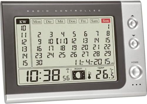 TFA Dostmann  Sveglia con Calendario Mese, Grigio, 18,2 x 6,1 x 15,8 cm