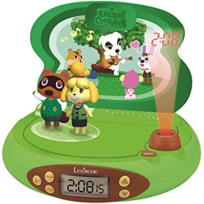 Lexibook Nintendo Sveglia con Proiettore Animal Crossing per Bambini Con luce notturna e proiezione del tempo sul soffitto, effetti sonori, ragazzi, ragazze, verde