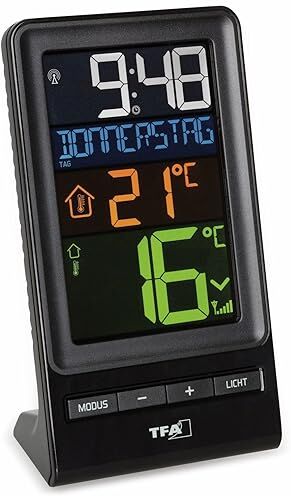 TFA Dostmann Spira Termometro radio con display a colori, temperatura esterna, temperatura interna, valori massimi e minimi, orologio radio, lunghezza 83 x larghezza 55 x altezza 152 mm