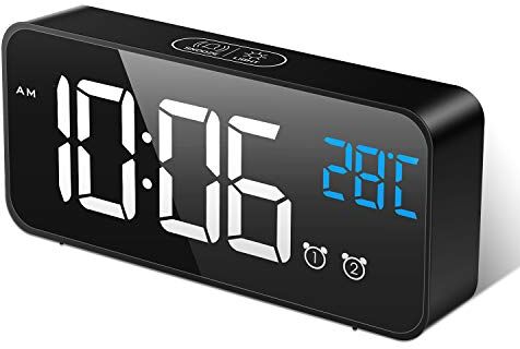 MOSUO Sveglia Digitale, Sveglia da Comodino con Temperatura e LED Grande Schermo, Orologio a Specchio con 2 Allarme, Snooze, Suoni e Luminosità Regolabile, Controllo Vocale, USB Ricaricare, Nero