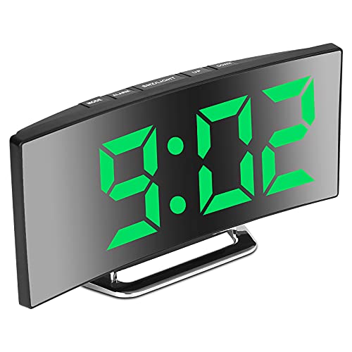 Derkiewn Sveglia digitale, grande schermo a specchio LED da 7'', 2 luminosità, 12/24 ore, temperatura, data, Snooze, Alimentazione USB, funzione di memoria (verde)