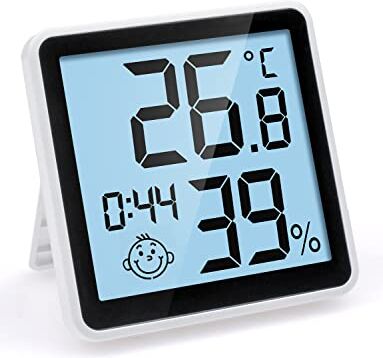 Pitasha Igrometro Termometro con funzione sensibile alla luce per interni Monitor di Temperatura e umidità per Ambienti Termoigrometro con orologio, sveglia, ampio schermo LCD, retroilluminazione