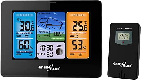 Green Blue Stazione meteo wireless con Wi-Fi compatibile con TUYA, Sensore esterno Calendario Pevisioni meteo Barometro