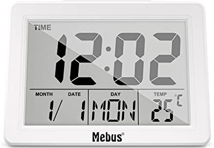 Mebus Digital-Wecker mit extra großem Display und Temperaturanzeige, gut lesbar, Wecker, Snooze, Displaybeleuchtung per Knopfdruck/Klatschen/Schnipsen, Datum, Farbe: Weiß, Modell: