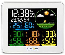 Explore Scientific WSH4005C Stazione Meteo Radio-Controllata, Barometro con Previsioni del Tempo , temperatura/umidità int/ext, 3 Sensore inclusi , memorizza storico dati, bianco