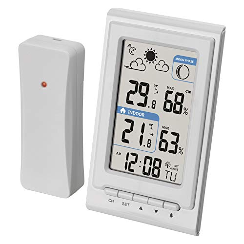 Emos Mini stazione meteo radio con sensore esterno, misura la temperatura interna ed esterna, umidità, previsioni meteo, orologio radio con sveglia, bianco