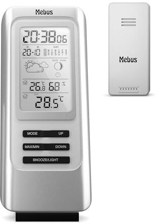 Mebus funkgesteuerte Wetterstation mit Außensensor, Thermometer, Hygrometer, Funkuhr, Wohlfühlindikator bewertet Raumklima, Wettervorhersage, Mondkalender, Wecker, Farbe: Silber, Modell: 40627