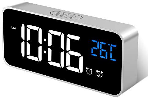 MOSUO Sveglia Digitale, Sveglia da Comodino Orologio con Temperatura e LED Grande Schermo, 2 Allarme, Snooze, Suoni e Luminosità Regolabile, Controllo Vocale, USB Ricaricare, Argento