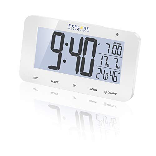 Explore Scientific RDC1004 Orologio radiocontrollato da tavolo con display retroilluminato a LED Bianco, Allarme & Snooze, Bianco, con Batterie