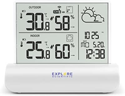 Explore Scientific WSH4501 Stazione meteorologica con display in vetro trasparente, pressione barometrica, temperatura e umidità interna e esterna, sensore incluso, bianco