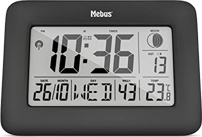 Mebus Funkwanduhr, Funk-Tisch-Uhr, zwei Weckzeiten mit Weckwiederholung, Innenthermometer, Kalender, Zeitzonen-Einstellung, Mondphase, Farbe: Schwarz, Modell: