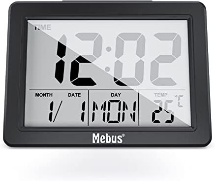 Mebus Digitalwecker mit großem Display und Temperaturanzeige, gut lesbar, Snooze, Beleuchtung per Knopfdruck/Klatschen/Schnipsen, Thermometer, Datum, Farbe: Schwarz, Modell: