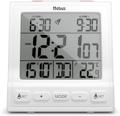 Mebus Digitaler Funk-Wecker termometro, datario, Due, Ripetizione, impostazione Automatica Ora legale e Invernale, Orologio Radio, Sveglia Digitale, Colore: Bianco, Modello: , Normale