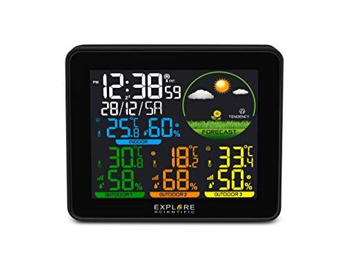 Explore Scientific WSH4005C Stazione Meteo Radio-Controllata, Barometro con Previsioni del Tempo , temperatura/umidità int/ext, 3 Sensore inclusi , memorizza storico dati, nero