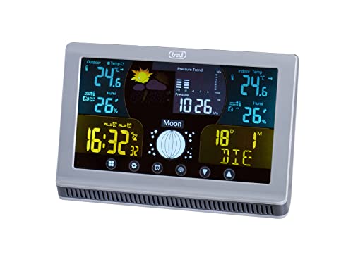 Trevi ME 3P70 RC Stazione Meteo con Sensore Esterno, Display LCD, Termometro Interno Esterno, Barometro, Igrometro e Funzione Sveglia, Comandi Touch, con Presa USB per Ricarica Dispositivi Esterni