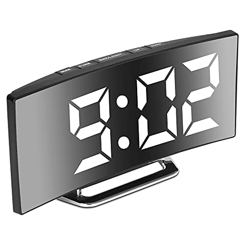 Derkiewn Sveglia digitale, grande schermo a specchio LED da 7'', 2 luminosità, 12/24 ore, temperatura, data, Snooze, Alimentazione USB, funzione di memoria (bianca)
