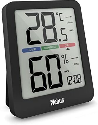 Mebus digitale Klimastation mit Innenthermometer und -hygrometer, Uhr, Komfortindikator für perfekte Raumtemperatur, Displaybeleuchtung, Min-/Max-Funktion, Trendanzeige, Farbe: Schwarz, Modell: 11115