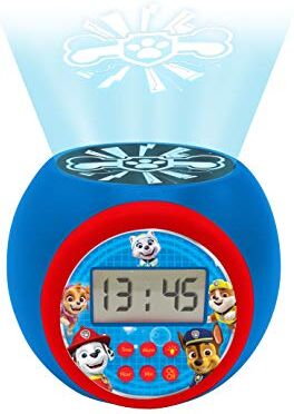 Lexibook , Sveglia con Proiettore Paw Patrol Marshall, Rubble, Chase, Stella ed Everest con Snooze Funzione , Luce Notturna con Timer, Schermo LCD, a Batteria, Blu / Rosso,